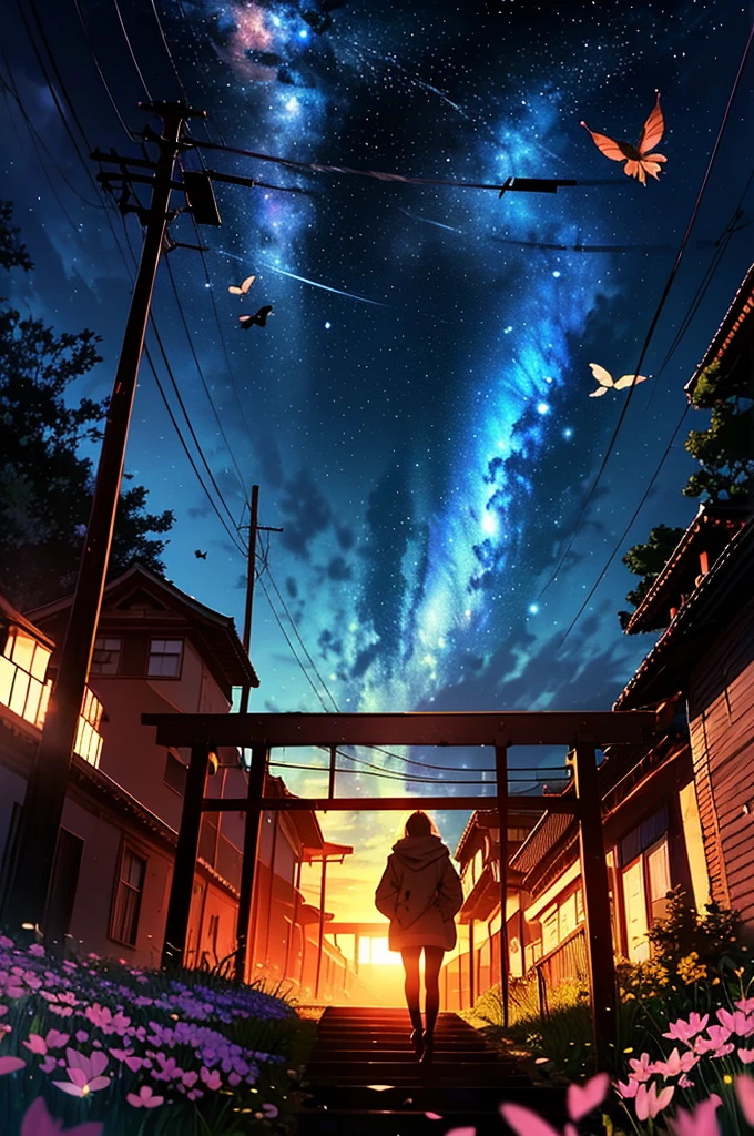 Thousand Torii Gates, Cherry blossom trees,White coat,Put your hands in your pockets,(student, 18-year-old,beauty, Her short silver hair sways, Space-colored eyes, Pale skin, Tired face、Lack of eye sparkle\), (Many bright blue butterflies flying in the sky), (Shine in the sky), Beautiful starry sky, The scenery is beautiful, Colorful flowers are blooming everywhere, I see the wind blowing and shining,From below, break ,Highest quality\(8K,非常に精細なCGユニットのwallpaper, masterpiece,High resolution,Highest quality,Highest quality real texture skin,Surreal,Increase the resolution,RAW Photos,Highest quality,Very detailed,wallpaper,Cinema Lighting,Ray Tracing,Golden Ratio\),Have a long-term perspective,Anatomically correct.