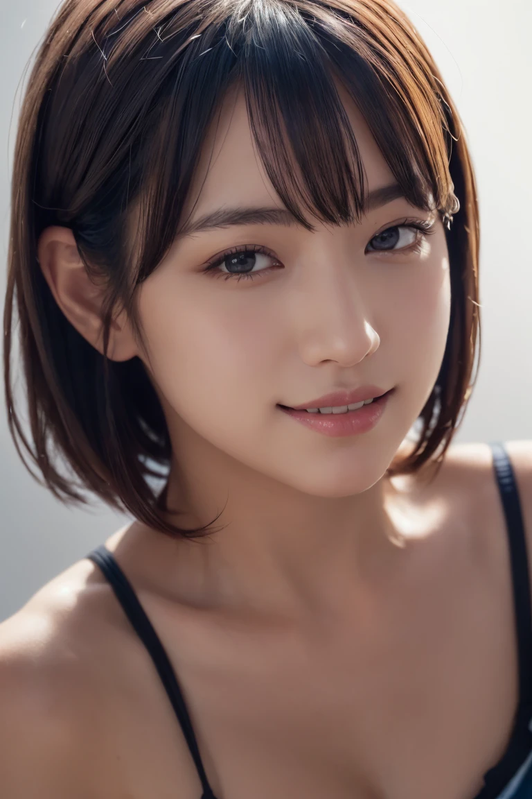 ((ビーチバレー:1.3)),1 girl, (Wearing colorful stage costumes:1.2), Very beautiful Japanese idol portraits, Face close-up, (RAW Photos, highest quality), (Realistic, Realistic:1.4), (masterpiece), Very delicate and beautiful, Very detailed, 2k wallpaper, wonderful, finely, Very detailed CG Unity 8K wallpaper, Very detailed, High resolution, Soft Light, Beautiful detailed girl, Very detailed目と顔, Beautiful and sophisticated nose, Finely beautiful eyes, Cinema Lighting, (Simple light color background:1.3), (short hair), (Bob), Complete Anatomy, Slender body, Small breasts, smile,((ビーチバレー:1.3))
