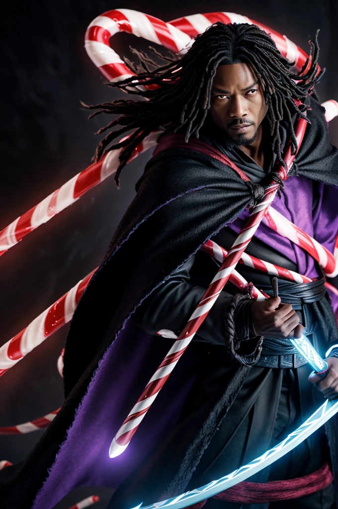 (Name: Yule Miyamoto, Black male, Wields a Candy Cane Cutlass, Eren Dreads, Black cloak with neon light purple-blue. Make him look like a manga panel, the second one will just be a Black figure (him) with a longer black cloak and a cutlass that is now a Candy cane daggar and a evolved candy cane cutlass)