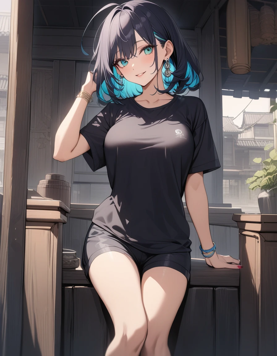 (Highest quality:1.2, three-dimensional, High Detail, masterpiece:1.2, Best aesthetics), (1 girl), Beautiful woman, Beautiful detailed eyes, Beautiful detailed lips, Highly detailed face, Delicate depiction of hair and eyes, Detailed Fashion, (detailed background:1.2) ((Portraiture, Cowboy Shot)), Aqua Eye, huge ahoge, Mouth open, Earrings, View your viewers, breasts, upper body, full body from knees to head, gaze away, gaze into the distance, smile lightly, fancy nails, in Sibuya city, bracelet, medium hair, color inner hair, dark blue hair, tight T-shirts, short pants