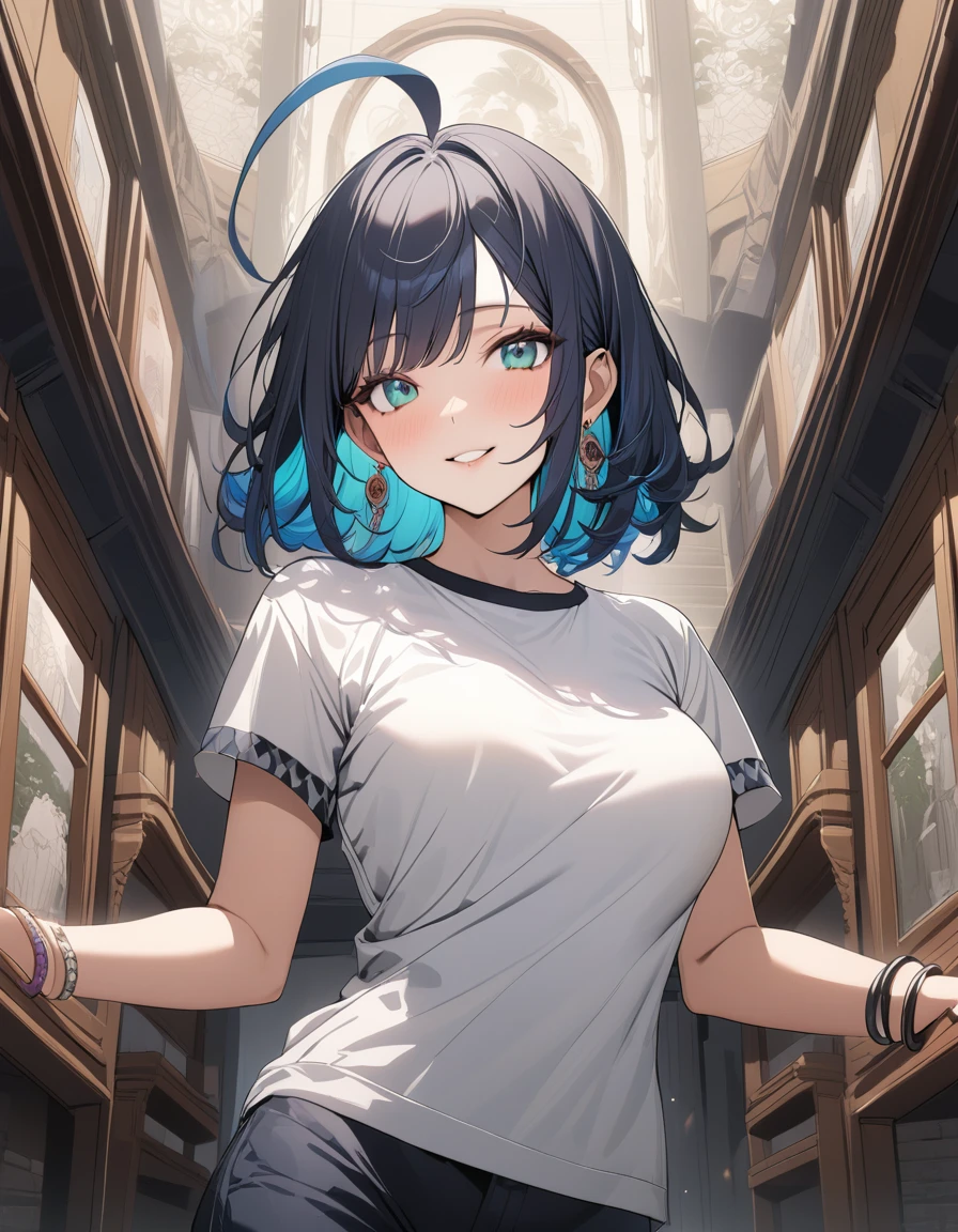 (Highest quality:1.2, three-dimensional, High Detail, masterpiece:1.2, Best aesthetics), (1 girl), Beautiful woman, Beautiful detailed eyes, Beautiful detailed lips, Highly detailed face, Delicate depiction of hair and eyes, Detailed Fashion, (detailed background:1.2) ((Portraiture, Cowboy Shot)), Aqua Eye, huge ahoge, Mouth open, Earrings, View your viewers, breasts, upper body, full body from knees to head, gaze away, gaze into the distance, smile lightly, fancy nails, in Sibuya city, bracelet, medium hair, color inner hair, dark blue hair, tight T-shirts, short pants