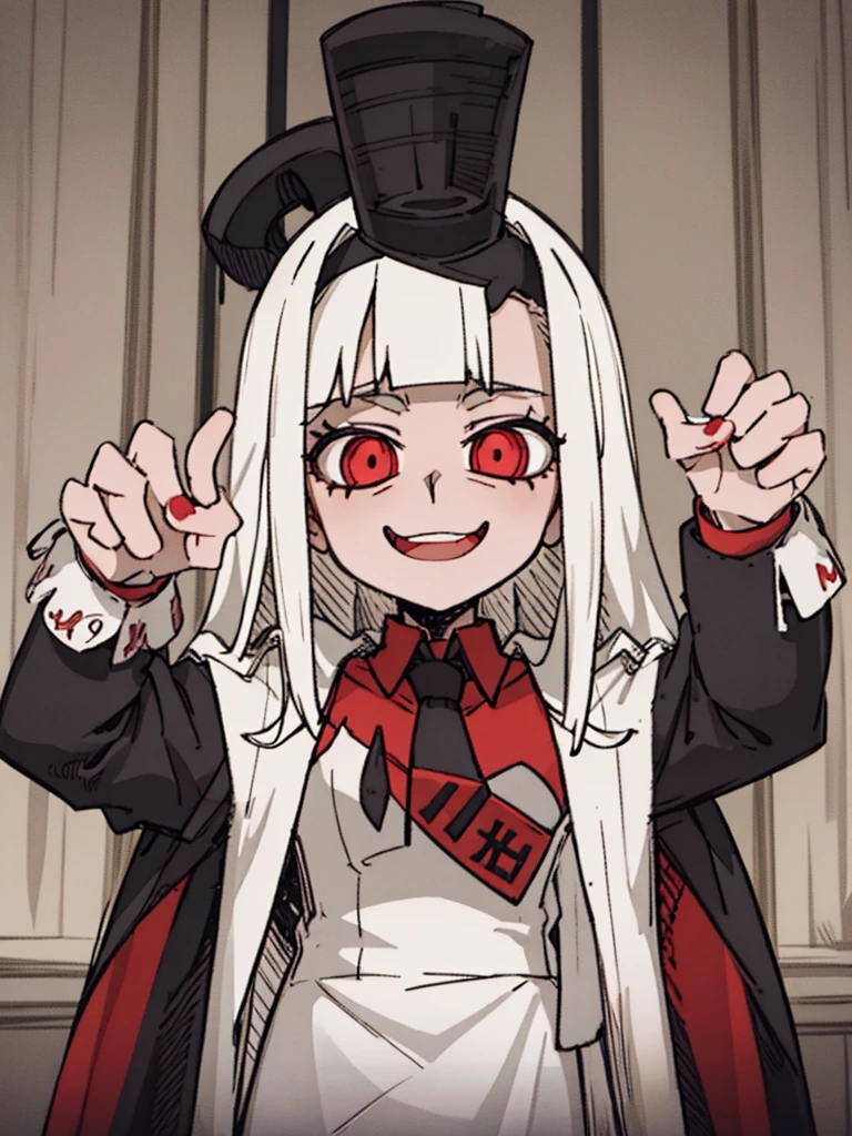 Score_9, score_8_up, score_7_up, score_6_up,  gyaru, source_anime, 1girl, solo, macabre and sinister woman, long hair that covers the eyes, sinister and macabre smile, Eyes red, short white dress.