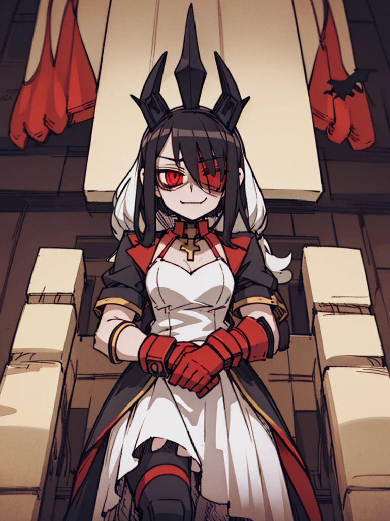 Score_9, score_8_up, score_7_up, score_6_up, gyaru, source_anime, 1girl, solo, macabre and sinister woman, long hair that covers the eyes, sinister and macabre smile, Eyes red, short white dress.