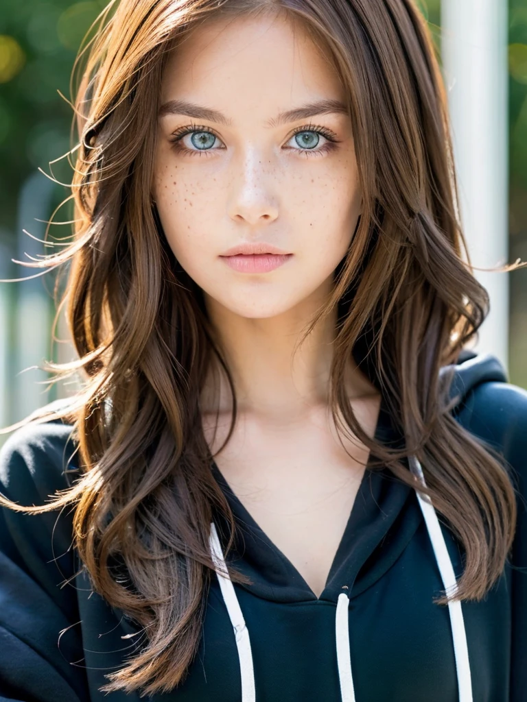 Girl with green eyes and brown hair has medium breasts has freckles and wearing a black hoodie, gloss