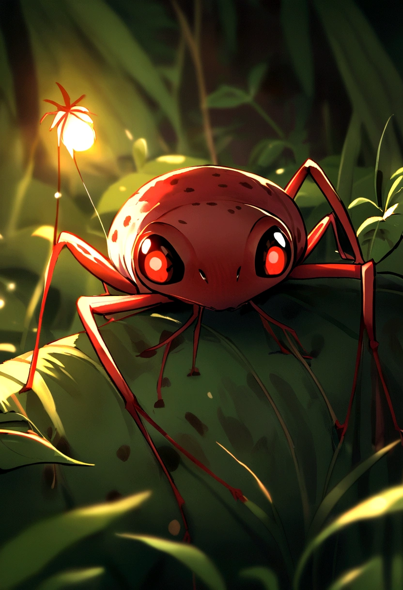 It was a red-eyed tree frog，The whole body is red，A mosquito with blood red eyes preys on other mosquitoes in a patch of weeds
