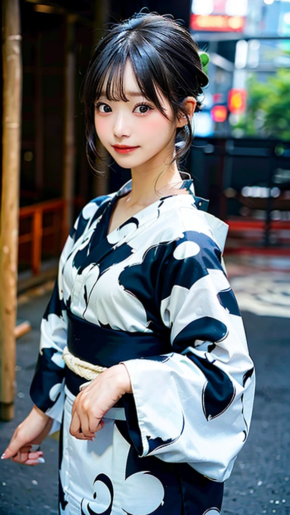 Young woman in yukata、Shoulder-length black hair、A calm blue yukata、Summer festival scenery in the background。