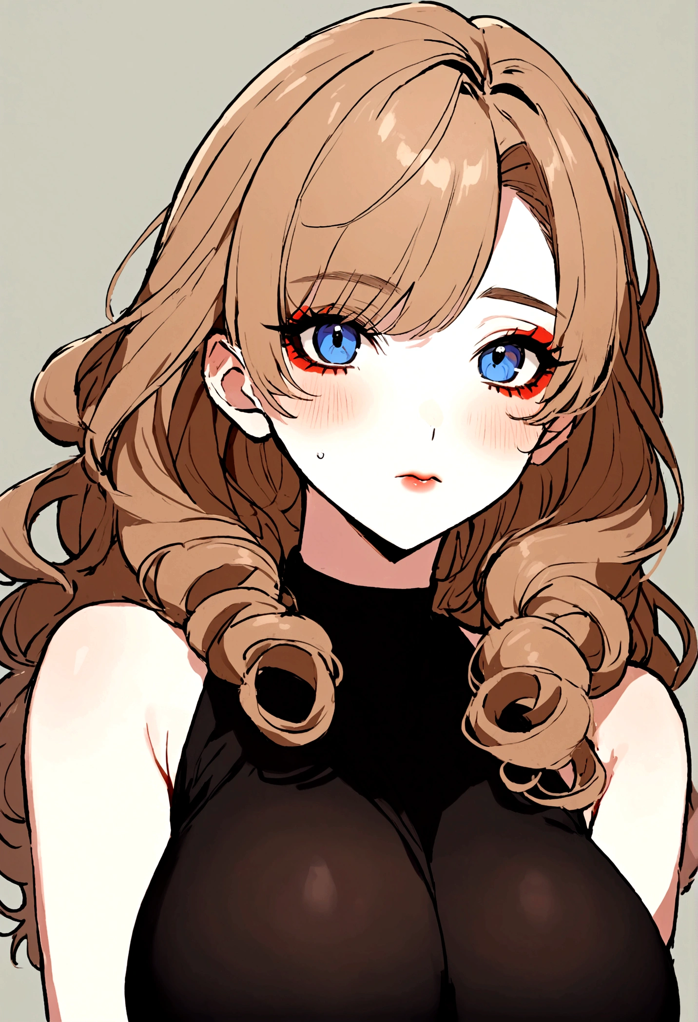 29 year old woman, long brown slightly curly hair, blue eye, visage parfait mais pas trop, professional makeup like model, and wearing a black top with big tits