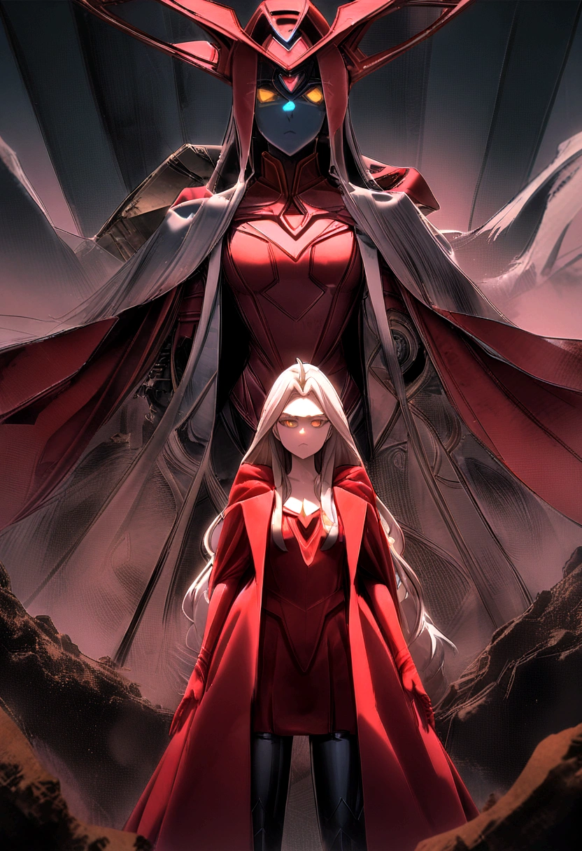8K, tenebrosa_fancy, (scarlet witch, yellow: 1.5), angel face, 1 person, Full figure standing, Mechanical Wonder, Robot Presence