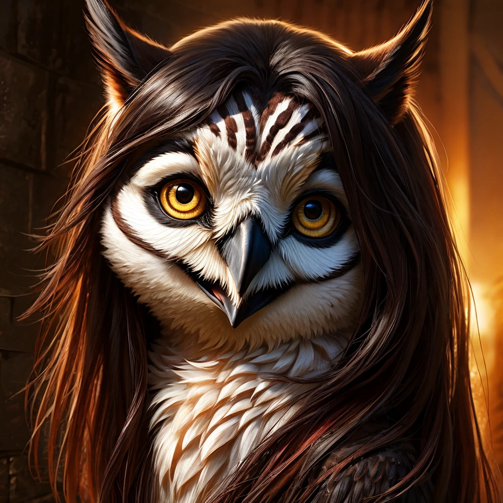 Solo, Female, species:owl, yellow eyes, purple feathers, long hair, black hair, cute face, happy, realistic fur body, realistic hair, realistic eyes