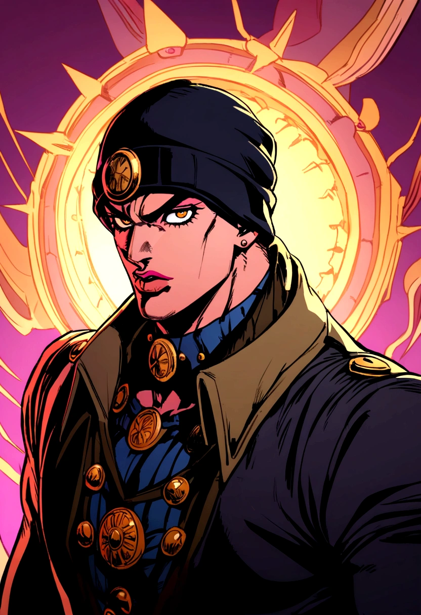 jojo's bizarre adventure stand with black beanie boy brown hair and black clothes