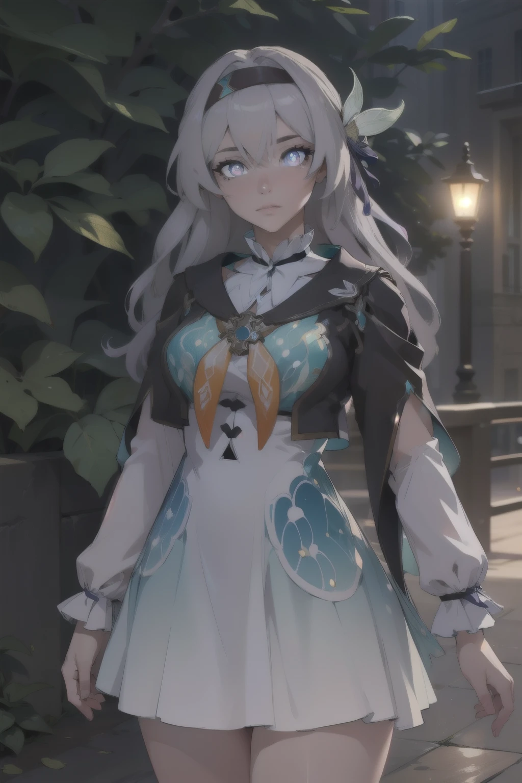 honkaifirefly, firefly, (purple eyes:1.3), grey hair, butterfly hair ornament, hair ornament, hair intakes, long hair, (bright pupils:1.5),
BREAK black socks, blue dress, blue socks, dress, shoes, socks, two-tone dress, two-tone socks, white dress, long sleeves, hair band,
BREAK outdoors,
BREAK looking at viewer, (cowboy shot:1.5),
BREAK (masterpiece:1.2), best quality, high resolution, unity 8k wallpaper, (illustration:0.8), (beautiful detailed eyes:1.6), extremely detailed face, perfect lighting, extremely detailed CG, (perfect hands, perfect anatomy),