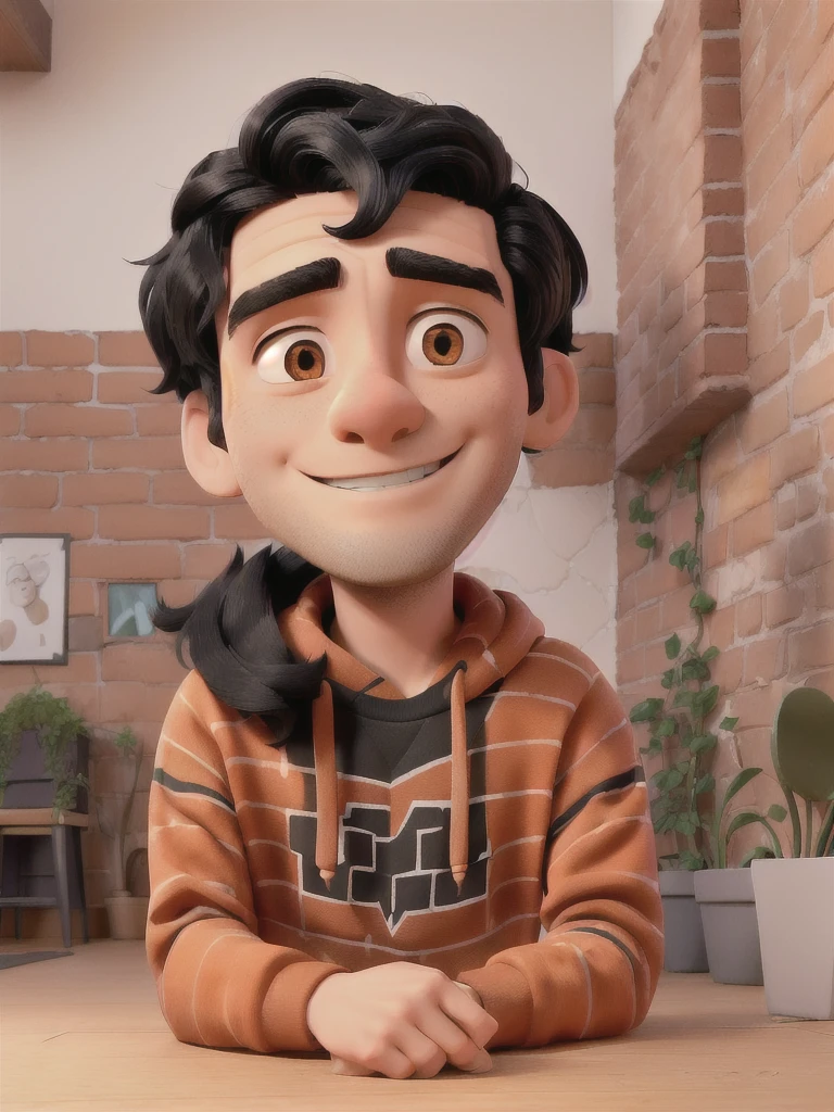A man with black hair wearing a sweatshirt in a room with an orange brick wall