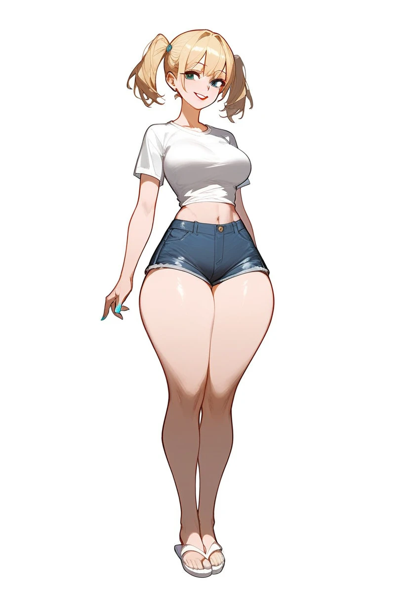 Woman with short blonde hair, pale skin, short twintails, wearing a very tight white T-shirt, tight short sleeve, jean shorts, and small black flip flops, large breasts, wide hips, thick thighs, large thighs, thick thighs pressed together, small feet, feet, slender toes, 5 toes on each foot, white nail polish, lipstick, white background, small smile, standing up,