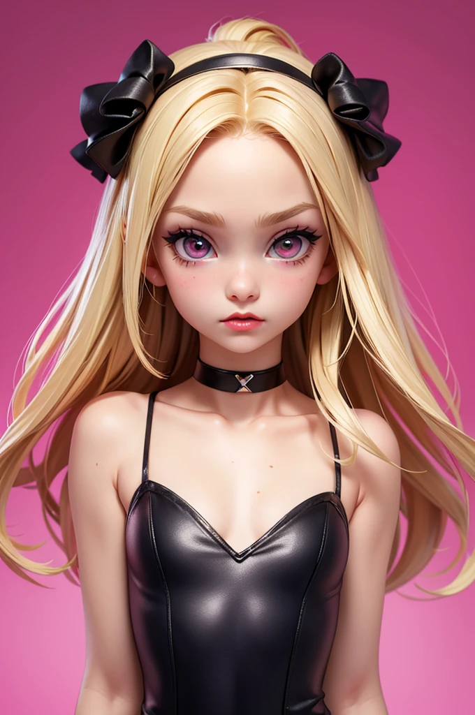 hyperrealistic american teen, blondittle, perfect tiny body, sexy, dark makeup, small choker, perfect slim face, big red lips, very cute face, tiny body, big eyes, young looking, childish looking, perfect belly, pink tight dress