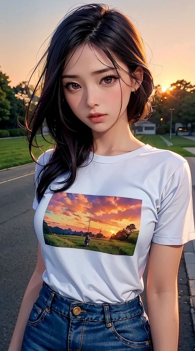 masterpiece, Highest quality, {Highest quality}, {{masterpiece}}, {High resolution}, {{{Fields Fields}}, extremely detailed Couple, figure, Couple, One boy, One girl, Couple, like, like, romantic, Sharp focus, Male Focus, feMale Focus, Black Hair, Purple eyes, sun, sunlight, lift, surprised, envy, Orange sky, T-Shirts, Men&#39;s Leisure Wear, Expressionless, Women's fashion  