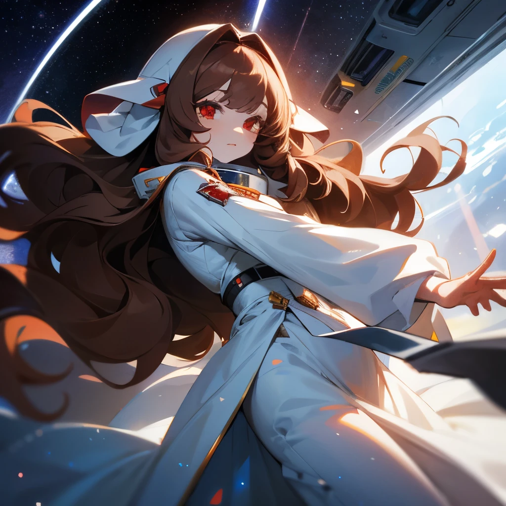 Curly long brown hair, red eye, white skin, white clothes, inside the space train, starry space, extremely beautiful, masterpiece