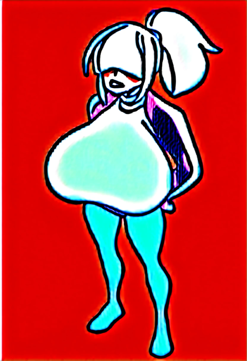 This type of art is characterized by its digital approach with a clean and polished finish., typical of cartoons or comics. A feminine and muscular figure, with voluminous hair, White hair, ponytail, "Hair over eyes" Hair over eyes, hair hiding both eyes, light pink skin, robusta, big jacket, long quality jacket, white shirt, pointed snout de lagarto, pointed snout, pointed snout de lagarto, serious look, lips are sensual, thick lips, volumous hair, c, jeans black boots, hot girl, pose sexy, gigantic breasts, large and exaggerated breasts.
