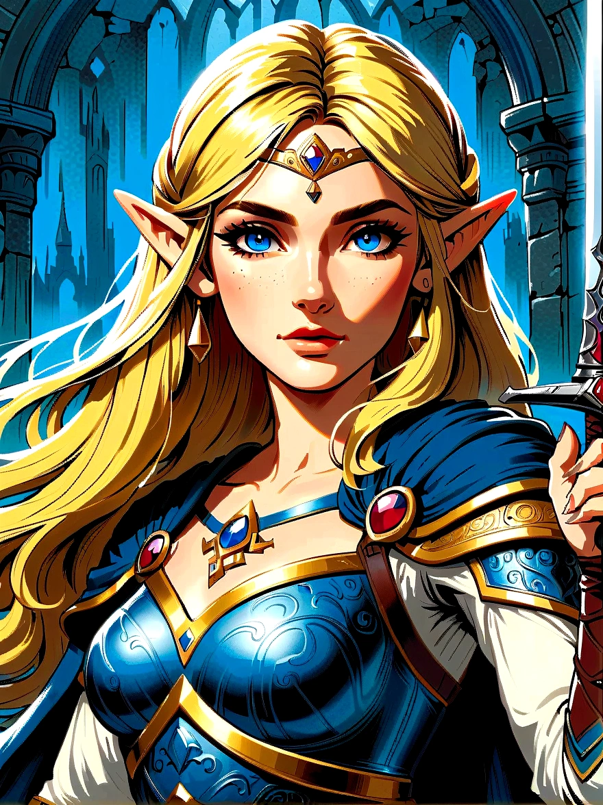 (best quality，8K，Ultra-high resolution，masterpiece)，very good，illustration，Princess Zelda，blonde，Blue Eyes，Holding a long sword，whole body