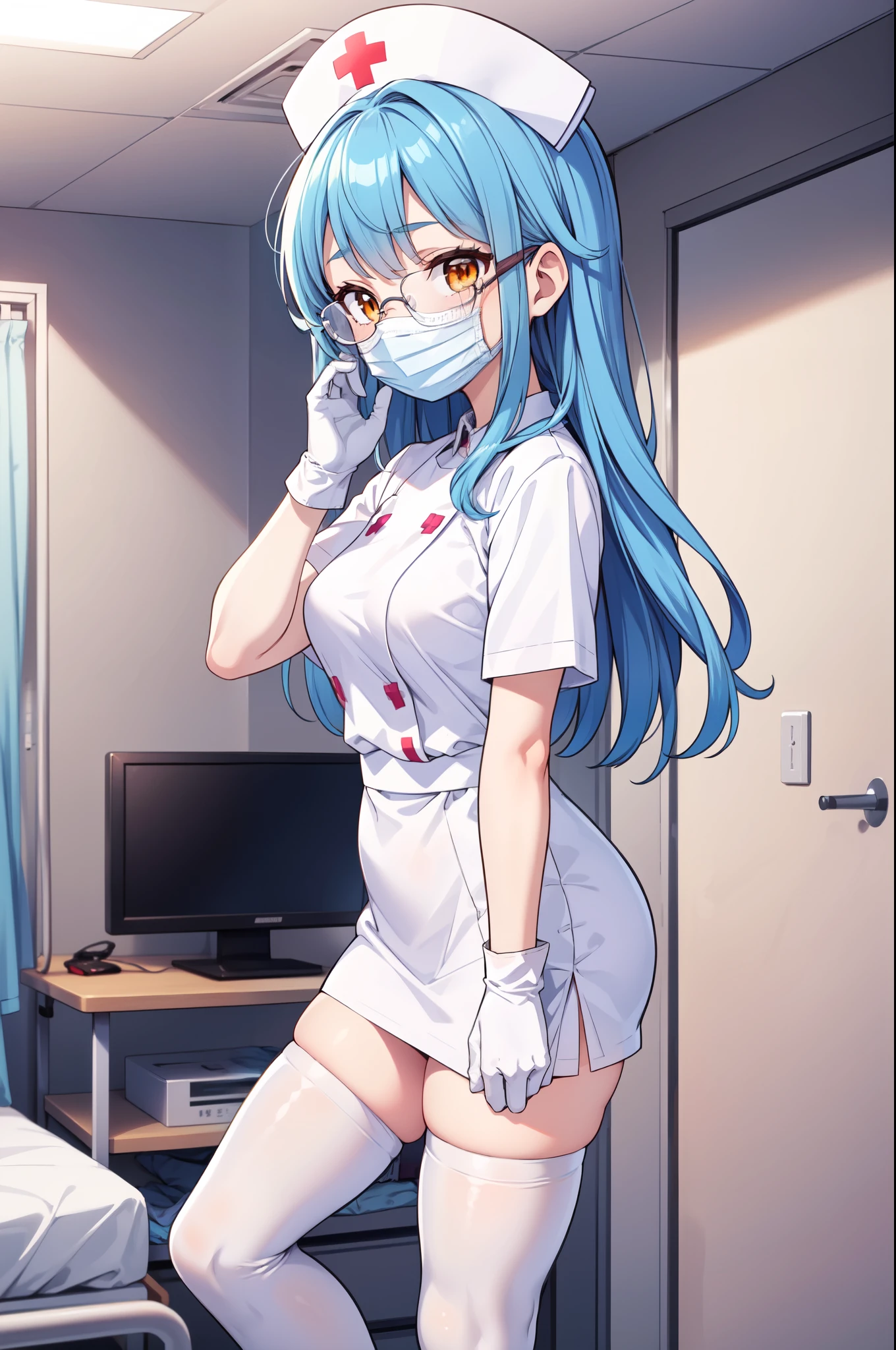 1girl, solo, nurse, nurse cap, white nurse uniform, ((white legwear, zettai ryouiki)), white gloves, glasses, blue hair, orange eyes, ((white surgical mask, covered nose)), standing, ((hospital room)), sharp outline, short sleeves, best quality, masterpiece