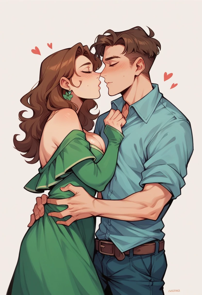 Photo of a couple of a short, redheaded woman in a green dress and a tall, hot, brown-haired sheriff