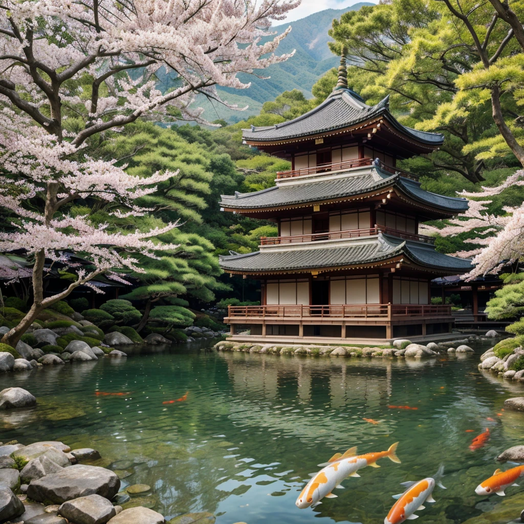 A detailed, traditional Japanese landscape, a serene lake surrounded by majestic mountains, ancient pagoda temple, sakura trees in full bloom, koi fish swimming in the calm waters, (best quality,4k,8k,highres,masterpiece:1.2),ultra-detailed,(realistic,photorealistic,photo-realistic:1.37),traditional Japanese art,landscape,muted color palette,soft lighting,dramatic shadows,intricate details