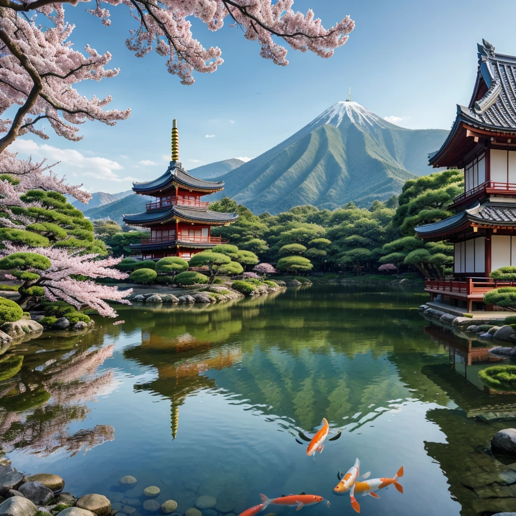 A detailed, traditional Japanese landscape, a serene lake surrounded by majestic mountains, ancient pagoda temple, sakura trees in full bloom, koi fish swimming in the calm waters, (best quality,4k,8k,highres,masterpiece:1.2),ultra-detailed,(realistic,photorealistic,photo-realistic:1.37),traditional Japanese art,landscape,muted color palette,soft lighting,dramatic shadows,intricate details