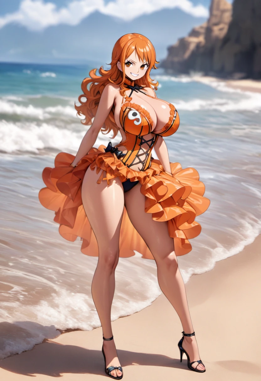 masterpiece, best quality), intricate details, 1 girl, woman, orange hair, nami \ (one piece\), (long hair), clothes, wearing burlesque dress, beach, scenery, ((front view)) ((close up shot)) ((solo)), detailed, very high resolution, no blurry image, full body, orange eyes, sligh wavy hair, ((nami from one piece)) ((female nami from one piece)), (swimsuit), ((huge breasts)), smiling