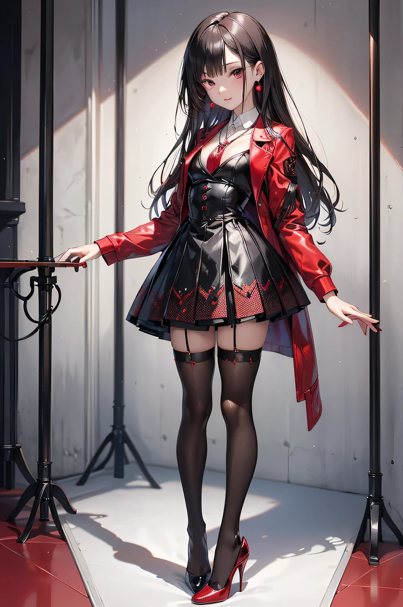 ((Biologically correct limb count)),(( From head to toe,Full-body photo including face)),4K,((Standing position)),masterpiece,((Focus on the face)),((Symmetrical facial features)),Eyes with detailed description,Beautiful woman,Great style,Beautiful arms,Beautiful legs,Beautiful Hands,(Small Ass,Thin thighs),Facial detailing,Small earrings,necklace,(Red and black patent leather blazer,Checked mini skirt((Black high heels,Black patterned stockings))),Realistic photo,Stand at an angle,Low angle photo