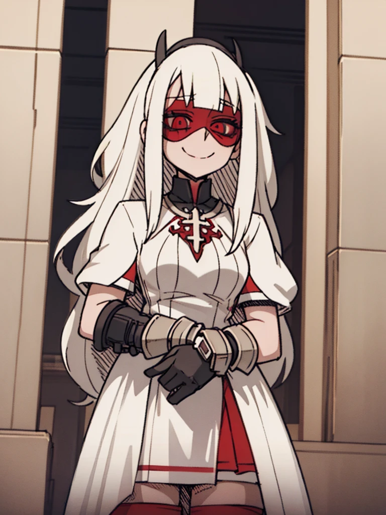 Score_9, score_8_up, score_7_up, score_6_up, gyaru, source_anime, 1girl, solo, macabre and sinister woman, long hair that covers the eyes, sinister and macabre smile, Eyes red, short white dress.