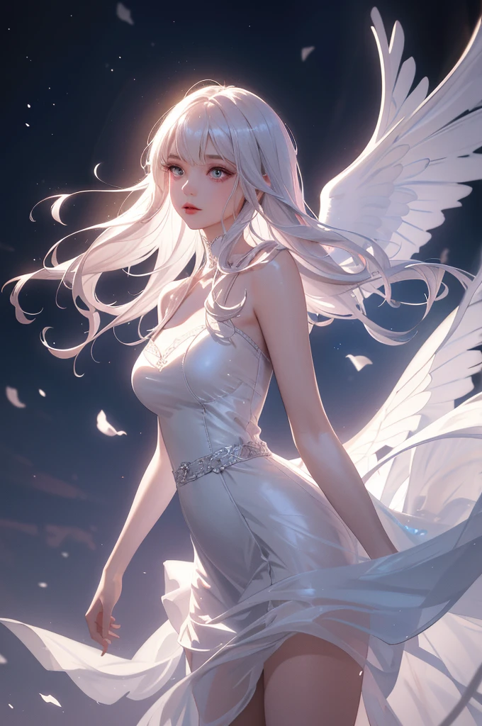 (very delicate, Masterpiece, Excellent lighting and shadows, HD wallpaper 8K), woman, 25 years old, goddess, Greek, white angel wings, big wings, Wingspan, red eyes, Big eyes, white hair, long straight hair, plump lips, pink cheeks, big breasts, wide hips, สวมชุดเทพGreek, The fabric is long and flowing.., white dress, Among the clouds, star, at night