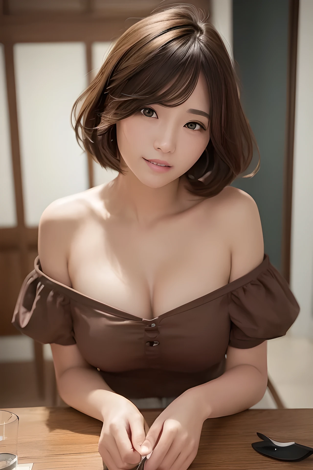 (masterpiece:1.3), (8K, Photorealistic, Raw photo, Best image quality: 1.4), The whole body of a Japanese high school girl、Leaning forward to emphasize the chest、(Random Hairstyles:1.2)、Super detailed face、Attention to detail、double eyelid、Sharp focus:1.2、Beautiful woman:1.4、Light brown hair、Highest quality、masterpiece、Ultra-high resolution、(Photorealistic:1.4)、Highly detailed and professionally lit smile、(Random colored off-shoulder top with open neckline)、 Plate skirt、thin、Serious expression、Short-haired、Museum