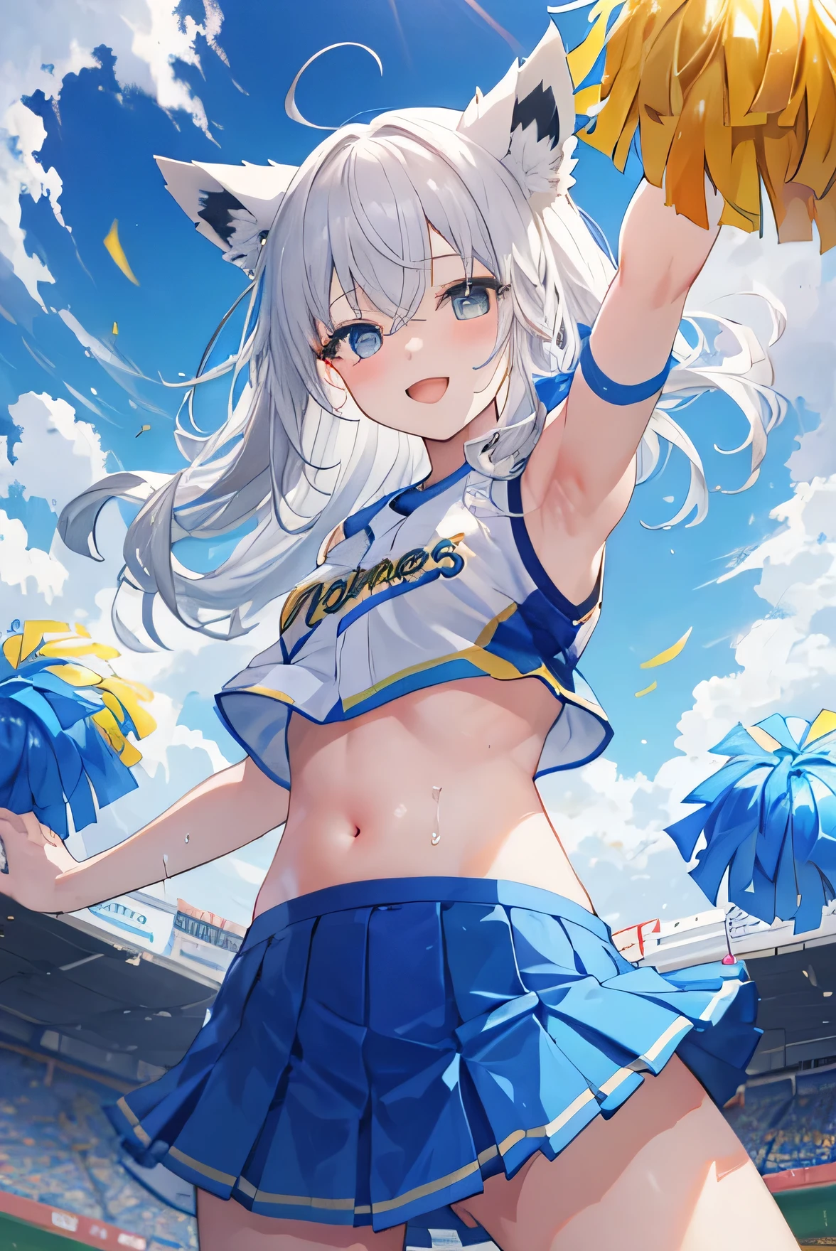Gray Hair、Fox Ears Masterpiece、Anime Coloring、Ultra fine、、Open your mouth wide、Lower Angle、looking at the camera、smile、blush、Watery eye、Parted bangs、((Koshien Stadium))、blue sky、sunny、Small breasts、((Cheerleading Costumes))、Pom-pom、Raise one hand、Belly flicker