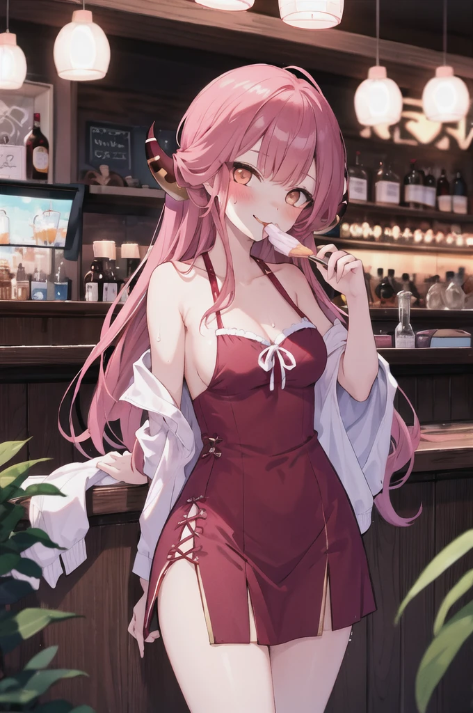 1girl, aru \(blue archive\), horns, solo, beach, beach girl dress, Sweat, lively, blush, smile, soda ice cream bar in mouth, looking at viewer, cowboy shot, bar \(place\), indoors, depth of field, masterpiece