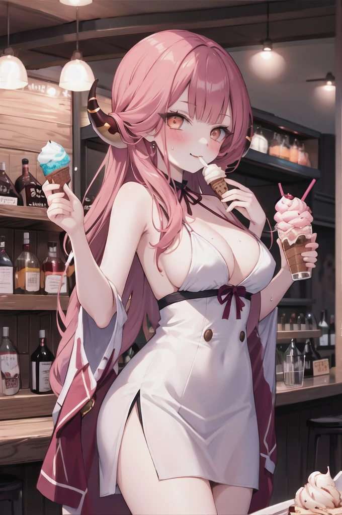 1girl, aru \(blue archive\), horns, solo, beach, beach girl dress, Sweat, lively, blush, smile, soda ice cream bar in mouth, looking at viewer, cowboy shot, bar \(place\), indoors, depth of field, masterpiece