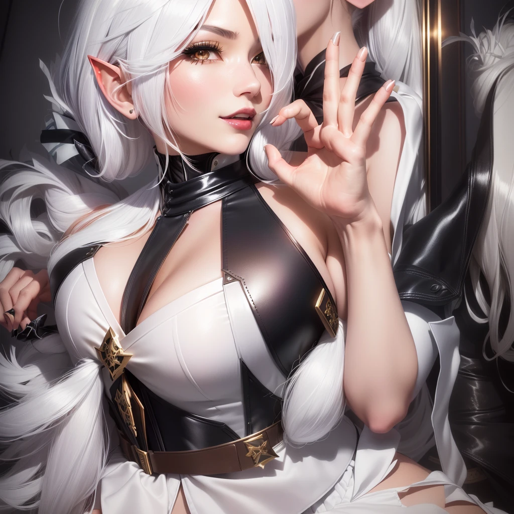 there is a woman in a corset posing for a picture, 2 b, 2b, elegant glamourous cosplay, 8k)), tifa lockhart with white hair, v from devil may cry as an elf, anime girl cosplay, shikamimi, 4k], nier 2 b, 4 k ], japanese goddess, , perfect white haired girl