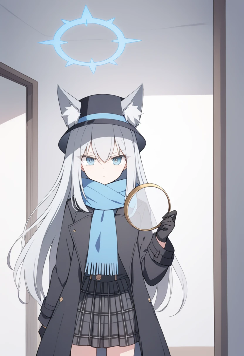 girl,Silver long hair, blue eyes, Wearing a black trench coat,Wearing gold wire eyes,A sky blue scarf, Black gloves, And black plaid skirt, In an empty house,Serious expression, blue halo,Black Hat,Gray wolf ears,Handheld magnifying glass observation