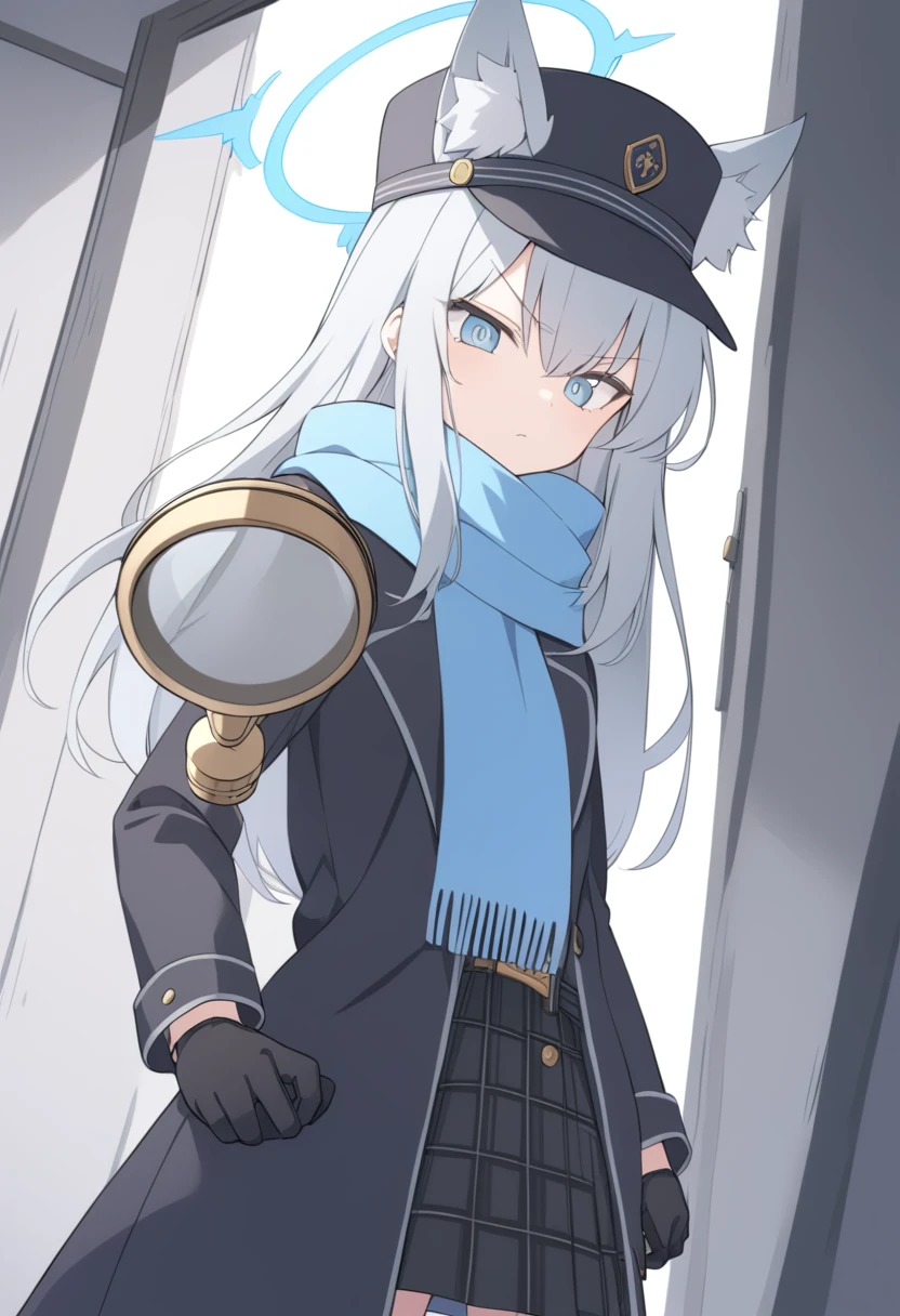 girl,Silver long hair, blue eyes, Wearing a black trench coat,Wearing gold wire eyes,A sky blue scarf, Black gloves, And black plaid skirt, In an empty house,Serious expression, blue halo,Black Hat,Gray wolf ears,Handheld magnifying glass observation