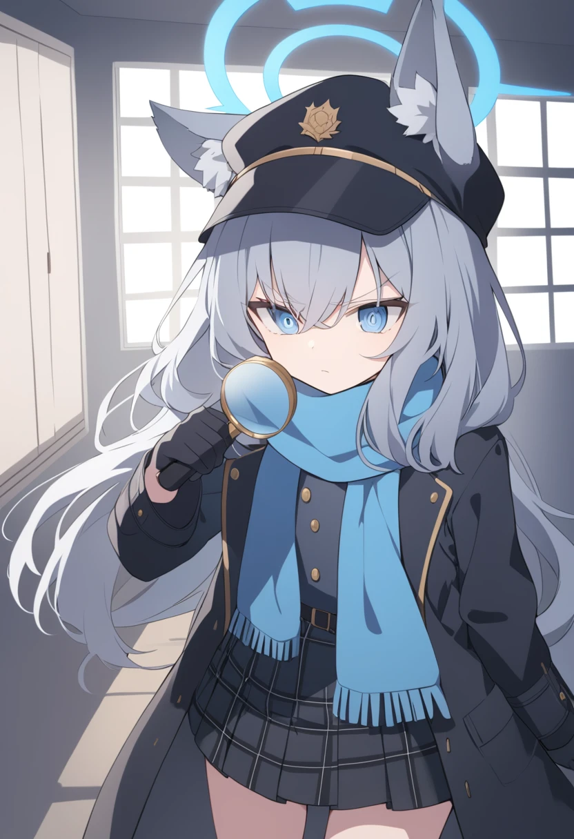 girl，Silver long hair, blue eyes, Wearing a black trench coat,Wearing gold wire eyes，A sky blue scarf, Black gloves, And black plaid skirt, In an empty house，Serious expression, blue halo，Black Hat，Gray wolf ears，Handheld magnifying glass observation