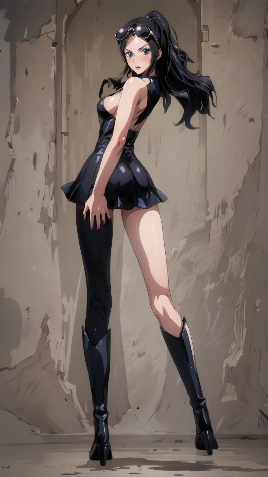 1girl, solo, boots, eyewear on head, black hair, dress, high heels, sunglasses, short dress, long hair, looking back, breasts, ponytail, nico robin, legs，medium_breasts，sideboob