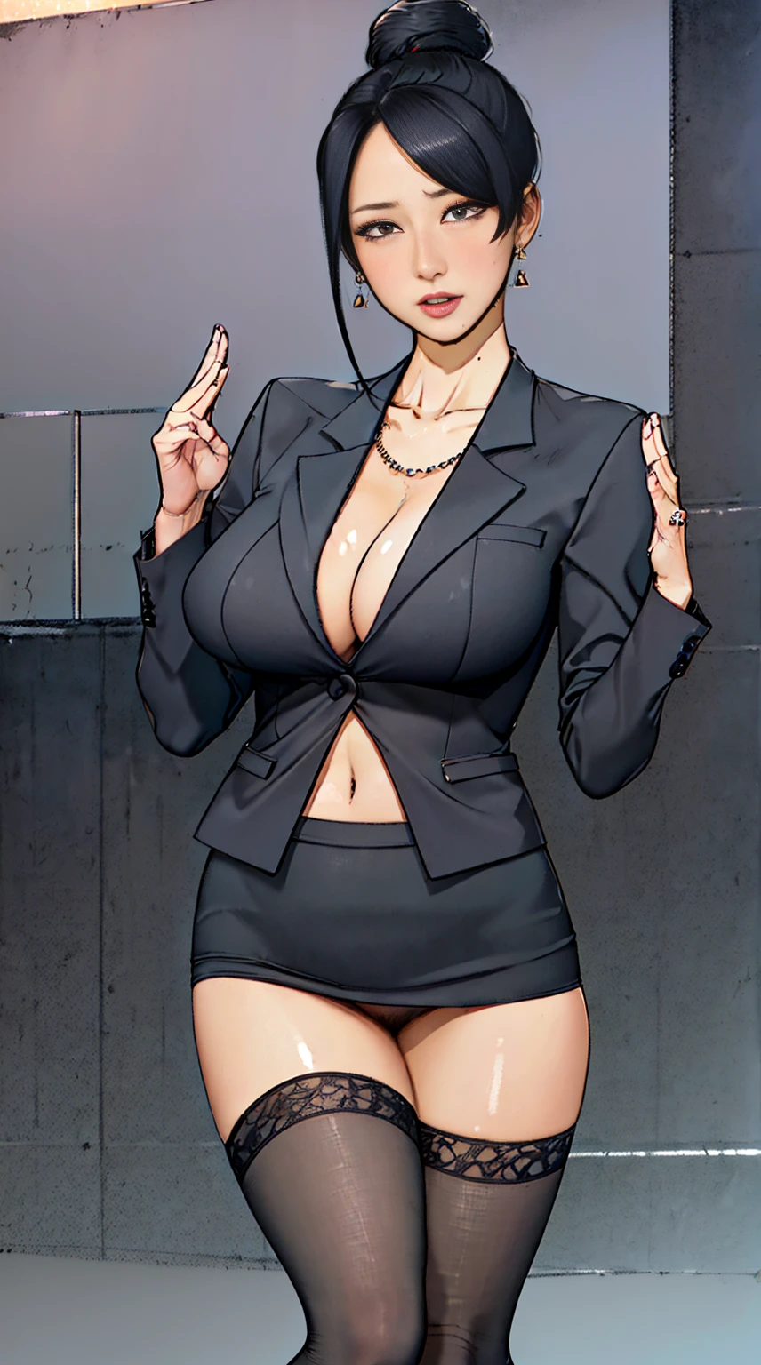 high quality, High resolution, (full shot:1.8), 4K quality, The best high quality masterpiece, business suit, (heavy makeup), Blurred city background at sunrise, bun hair, black hair, detailed face, big breast, short skirt, garter belt and black stockings,