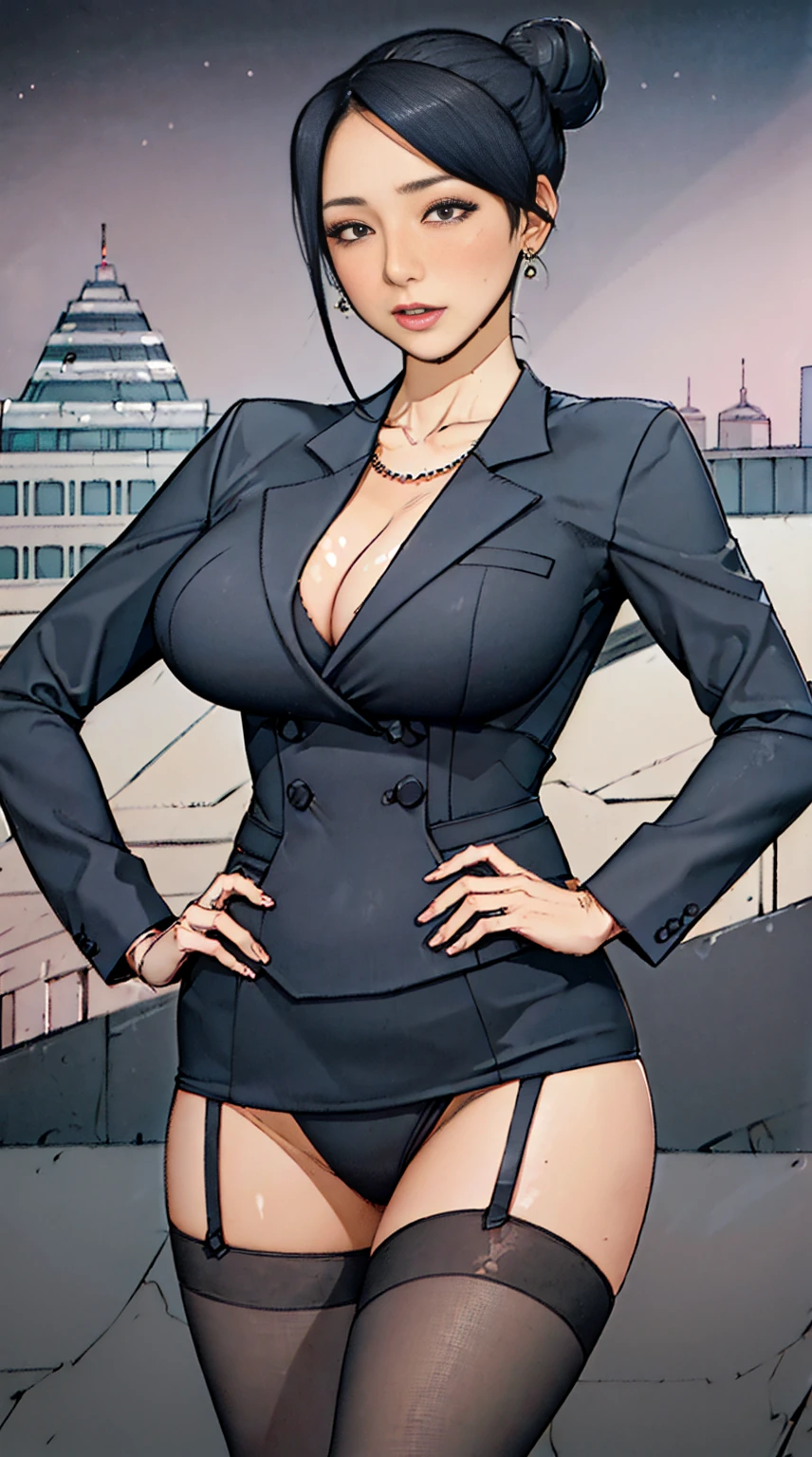 high quality, High resolution, (full shot:1.8), 4K quality, The best high quality masterpiece, business suit, (heavy makeup), Blurred city background at sunrise, bun hair, black hair, detailed face, big breast, short skirt, garter belt and black stockings,