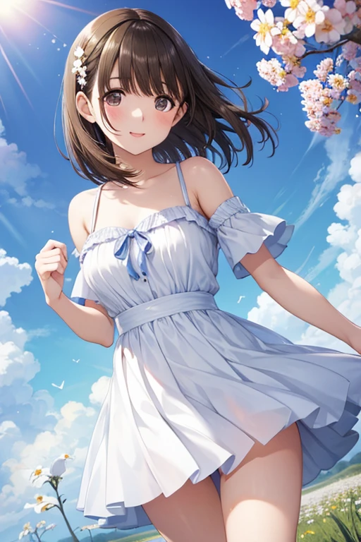 anegasaki nene、Shiny brown hair, short hair, Beautiful brown eyes、smile、Sparkling eyes, (Fine grain)、Super detailedな目、Very detailed顔, Very detailed目,


(Highest quality,masterpiece:1.2),Absurd,High resolution,Super detailed,Very detailed,32k,8K resolution, Intricate details,Movie Scenes,Detailed Background,alone,Dynamic Angle,

White sun mini dress、

High detail, Super detailed, 超High resolution , Girls having a good time in an open field, Surrounded by natural beauty, The warm sun shining down on her, White flowers swaying gently in the breeze. Butterflies and birds flutter around her, Creates a playful atmosphere , --v6