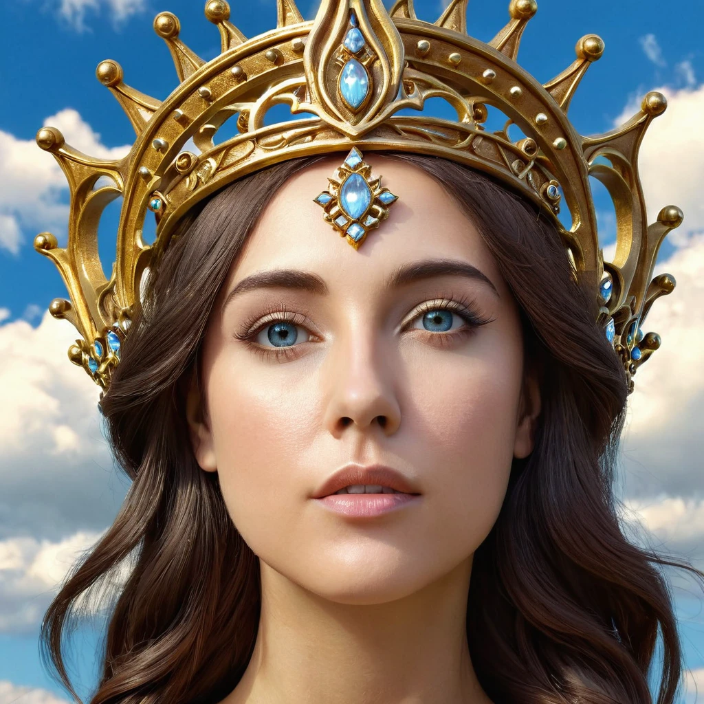 there is a woman with a crown on her head and a sky background, 3 d goddess portrait, goddess close-up portrait, art nouveau octane render, surreal portrait, beautiful surreal portrait, surrealism portrait, a stunning portrait of a goddess, surreal beautiful young woman, goddess portrait, extremely detailed goddess shot, fantasy portrait, fantasy rpg symmetrical portrait