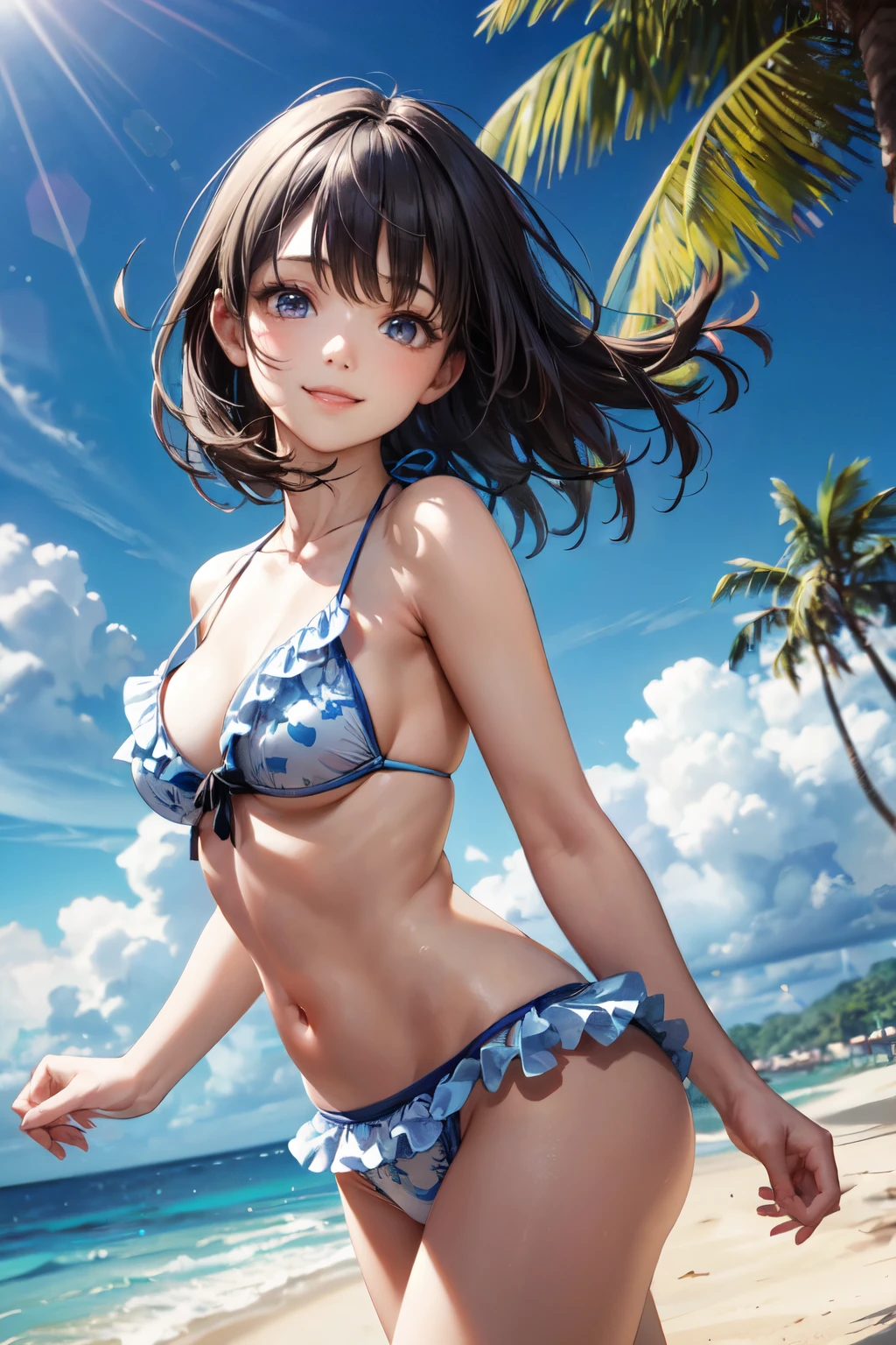 very cute and beautiful girl,(highly detailed beautiful face),(frilled floral pattern blue and white bikini), standing,dynamic pose,beach,tropical resort,trees,(smile),happy,looking at viewer,black hair, (best quality,masterpiece),absurdres,highres,ultra-detailed,extremely detailed,32k, cinematic scene,detailed background,solo,dynamic angle, hair fluttering in the wind,beautiful detailed sky,realistic,