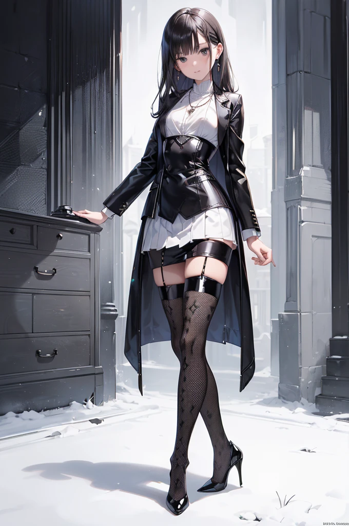 ((Biologically correct limb count)),(( From head to toe,Full-body photo including face)),4K,((Standing position)),masterpiece,((Focus on the face)),((Symmetrical facial features)),Eyes with detailed description,Beautiful woman,Great style,Beautiful arms,Beautiful legs,Beautiful Hands,(Small Ass,Thin thighs),Facial detailing,Small earrings,necklace,(Tricolor patent leather blazer,Checked mini skirt((Black high heels,Black patterned stockings))),Realistic photo,Stand at an angle,Low angle photo