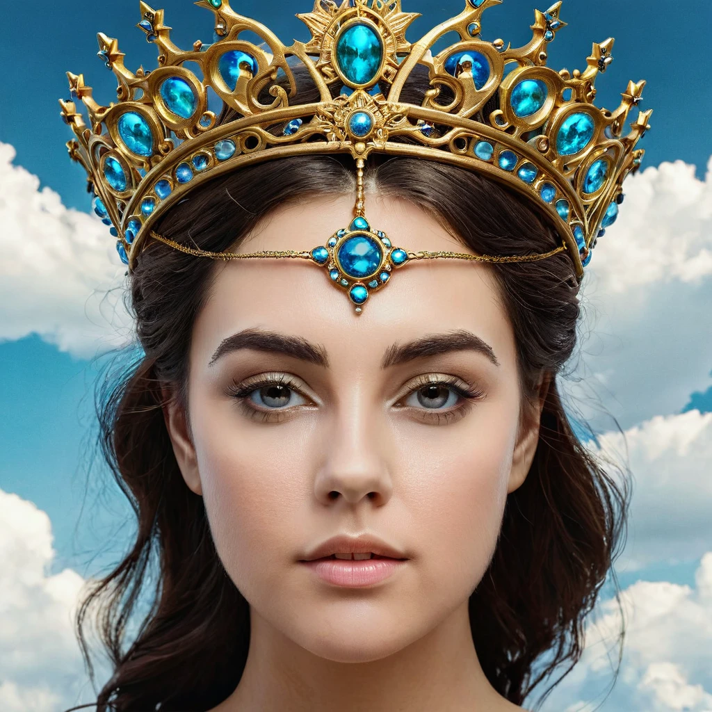 there is a woman with a crown on her head and a sky background, digital art by Galen Dara, behance contest winner, digital art, 3 d goddess portrait, goddess close-up portrait, art nouveau octane render, surreal portrait, beautiful surreal portrait, surrealism portrait, a stunning portrait of a goddess, surreal beautiful young woman, goddess portrait, extremely detailed goddess shot