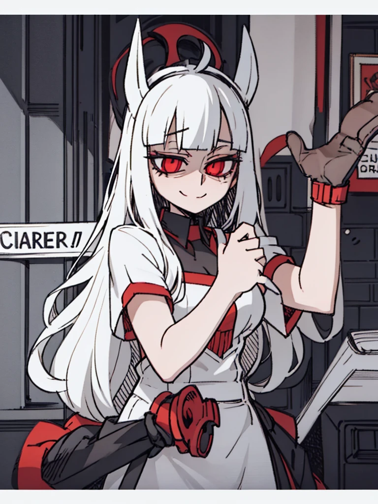 Score_9, score_8_up, score_7_up, score_6_up, gyaru, source_anime, 1girl, solo, macabre and sinister woman, long hair that covers the eyes, sinister and macabre smile, Eyes red, short white dress.