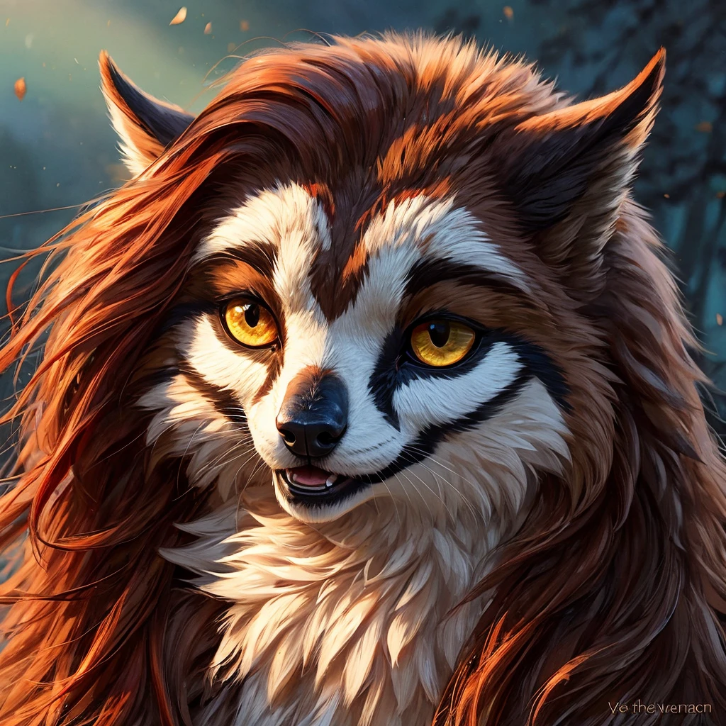 Solo, Female, species:owl, yellow eyes, purple feathers, long hair, black hair, cute face, happy, realistic feather body, realistic hair, realistic eyes