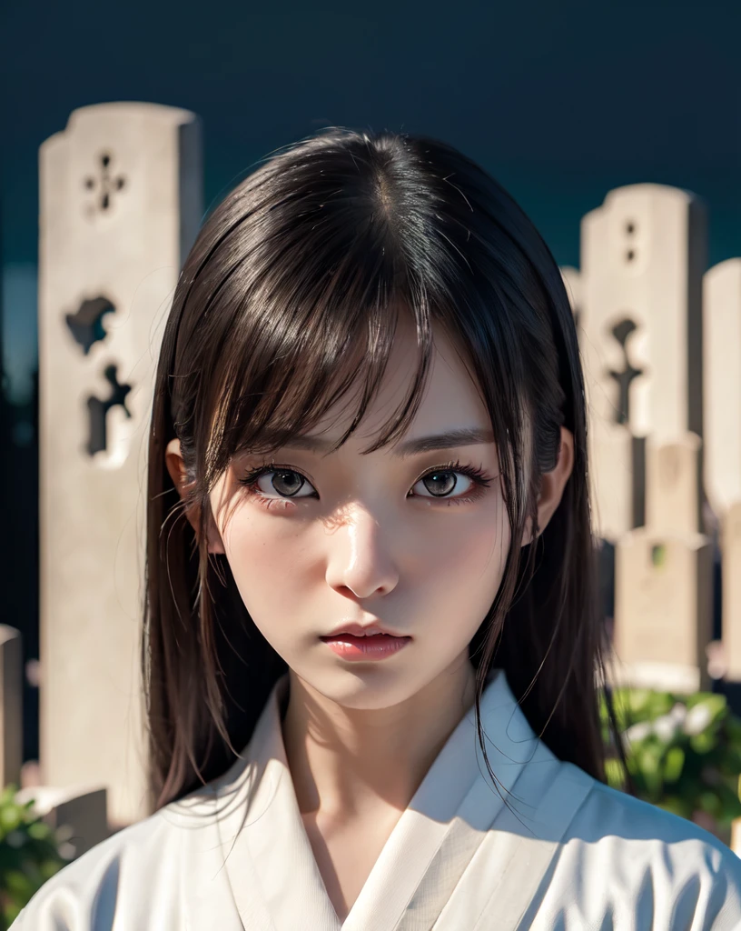 (Highest quality, 32k, High resolution, Masterpiece:1.5), marimo_jet, World of Darkness, A terrifying photograph, Horror, Evoking eerie silence and elusive beauty, Expressing emotions, Have a rich imagination, Beautiful Japanese Girls, An exceptionally beautiful face, Small Face Beauty, , Perfect Human ???????, Magical big eyes, Fleeting Expression, Black Hair, Neat, super long, straight silk hair, Asymmetrical bangs, Hair between the eyes, Unhealthy pale skin, Sharp eyebrows, Thin lashes, ((White kimono:1.43)), Slim figure with ample breasts, ((Japanese Cemetery:1.5)), ((Midnight Darkness:1.5)), Professional photographer, Professional models