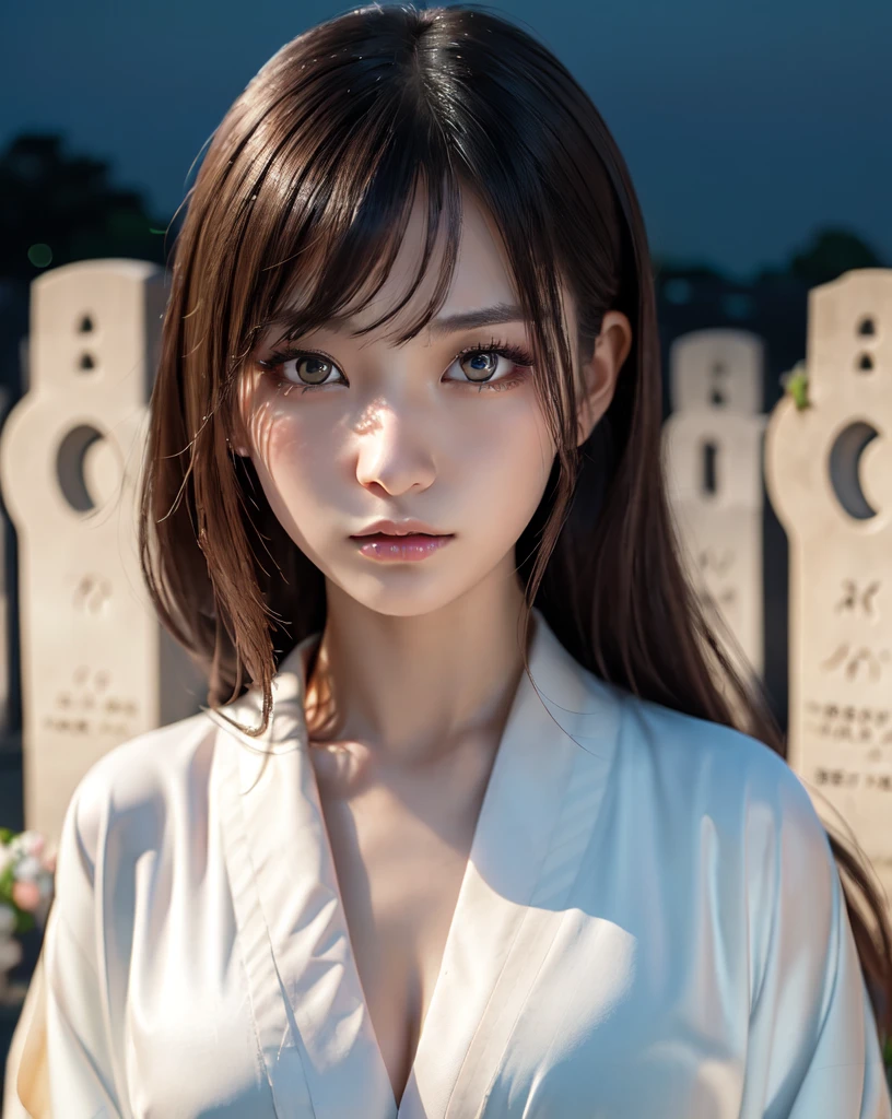 (Highest quality, 32k, High resolution, Masterpiece:1.5), marimo_jet, World of Darkness, A terrifying photograph, Horror, Evoking eerie silence and elusive beauty, Expressing emotions, Have a rich imagination, Beautiful Japanese Girls, An exceptionally beautiful face, Small Face Beauty, , Perfect Human Anatomy, Magical big eyes, Fleeting Expression, Black Hair, Neat, super long, straight silk hair, Asymmetrical bangs, Hair between the eyes, Unhealthy pale skin, Sharp eyebrows, Thin lashes, ((White kimono:1.43)), Slim figure with ample breasts, ((Japanese Cemetery:1.5)), ((Midnight Darkness:1.5)), Professional photographer, Professional models